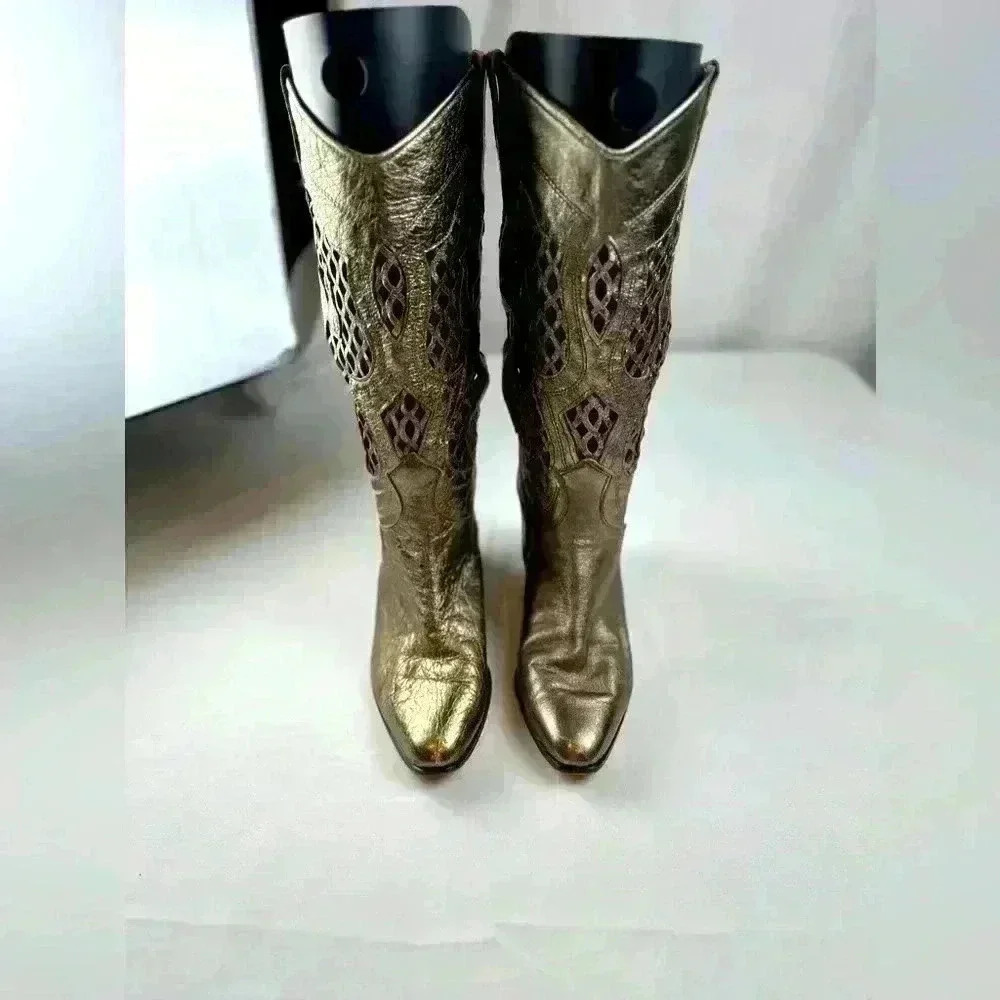 Vintage Lenni Lattice Cowboy Western Boots Metallic Gold Leather Italy